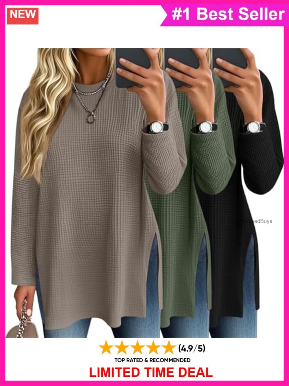 Women's Waffle Knit Long Sleeve Oversized Tops 3 Pack Crew Neck